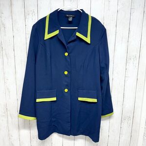 Connie Howard Suit Jacket Women Size 18 Navy Blue Button Down Green Trim Poly